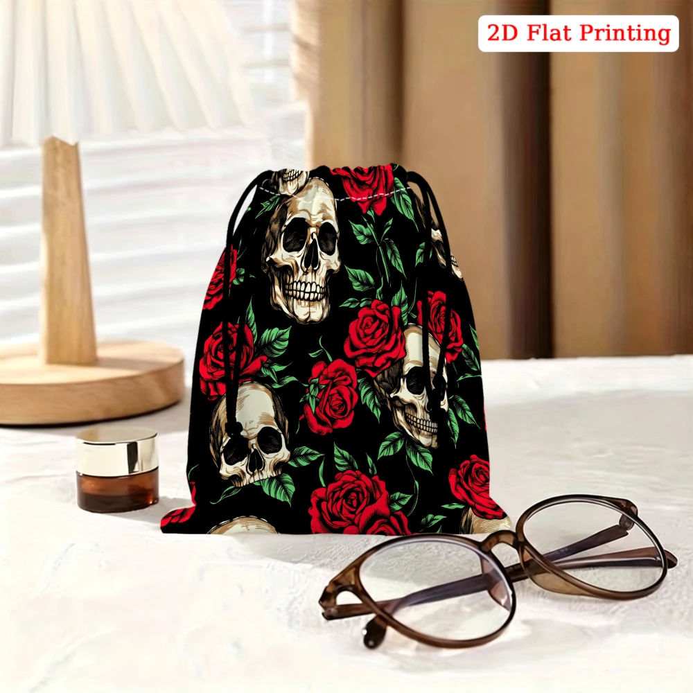 1Pc Gothic Skull And Red Rose Print Drawstring Bag Black Storage Small Pouch Jewelry Glasses Cosmetics Organizer For Women Trave