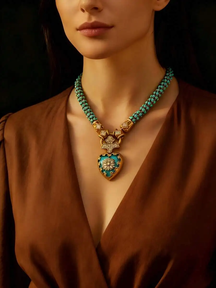 

Vintage Flower Heart Pendant Necklace With Turquoise Beads For Women Elegant Daily Wear