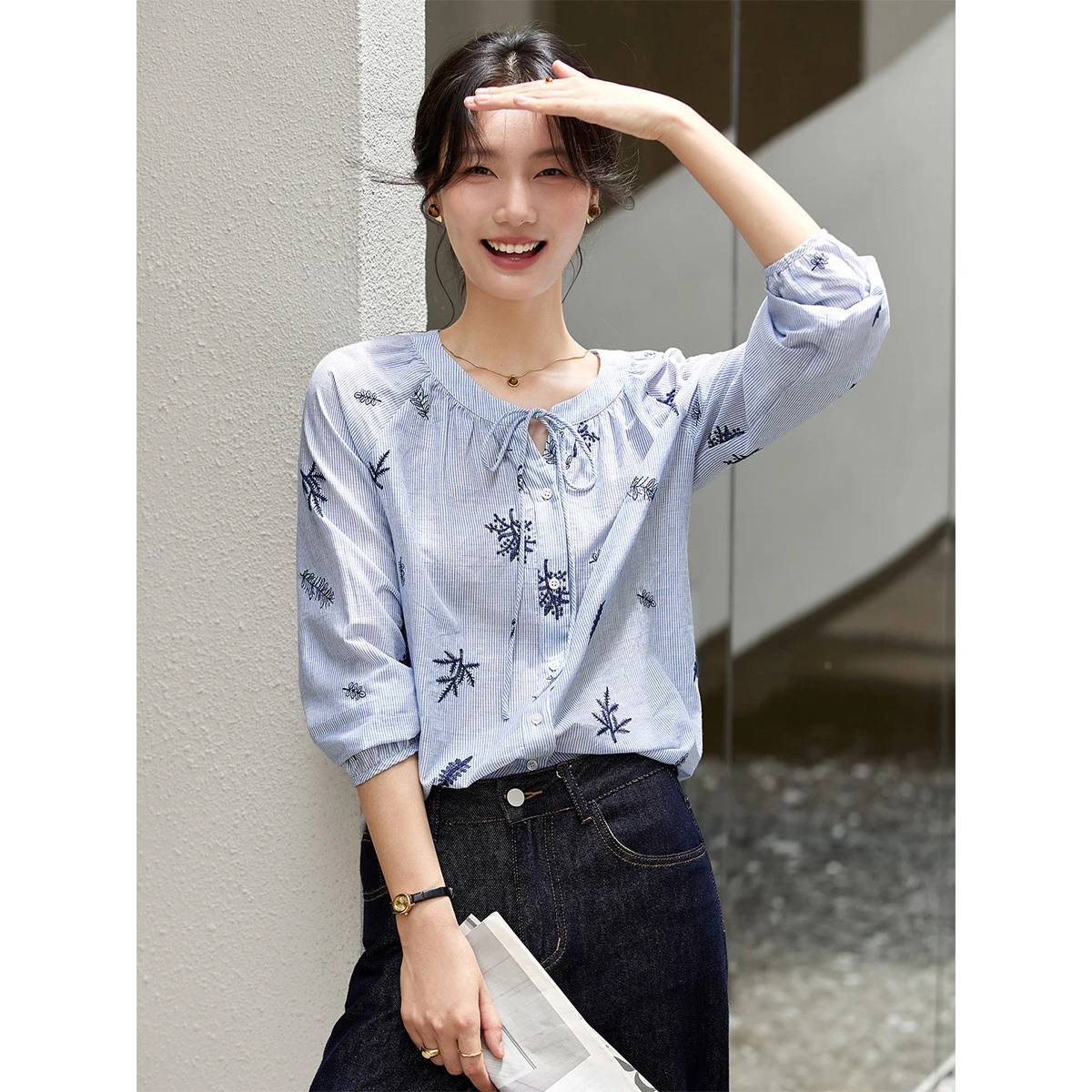 

VIMLY Striped Embroidered Shirt Women 2025 Autumn New Long Sleeve Blouses Commute Tie-neck Loose Fit Women's Clothing A3066