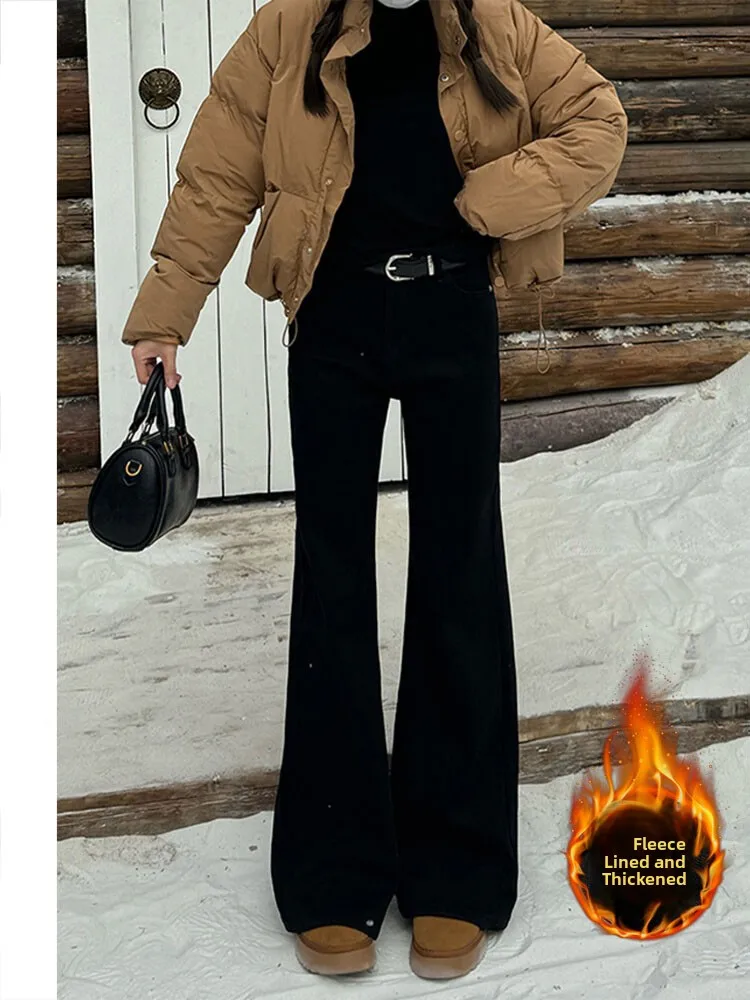 

Black Fleece Lined High Waist Bell Bottom Jeans Women's 2026 New Autumn Winter Slimming Small Size Non Fitting Leg Bell Pants