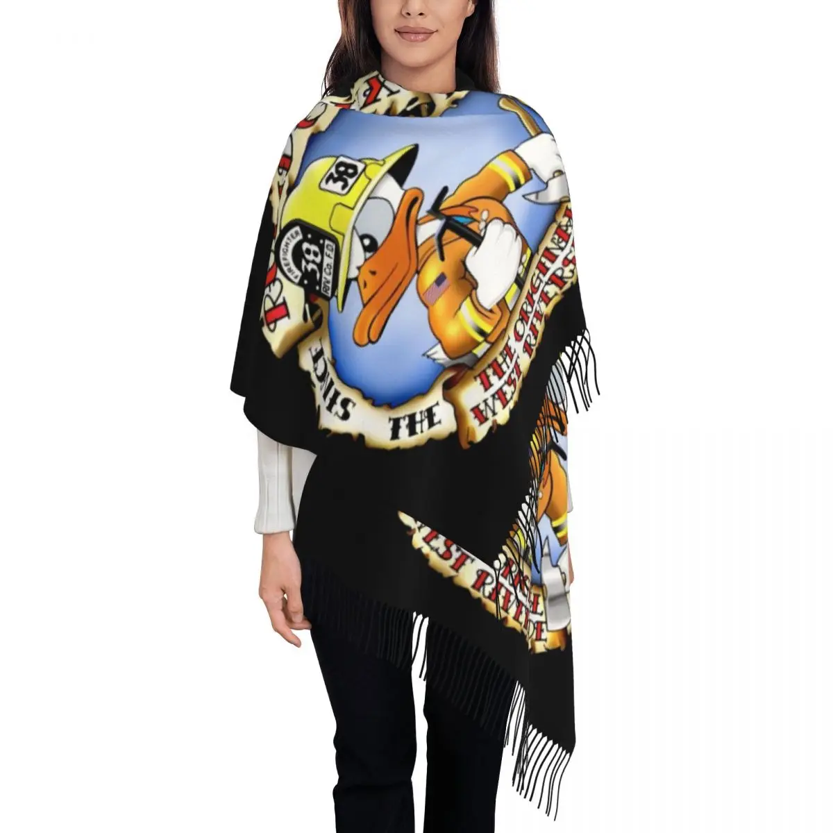 

Custom Donald Duck Fireman Tassel Scarf Women Soft Shawls Wraps Lady Winter Fall Scarves