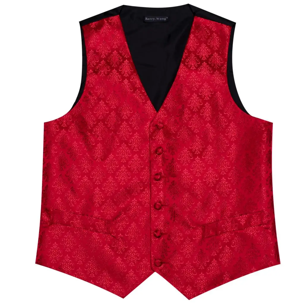 Luxury Wedding Red Vest Silk Floral Waistcoat Tie Set Party Sleeveless Jacket Socal Formal Suites V Necktie Gift  Barry Wang