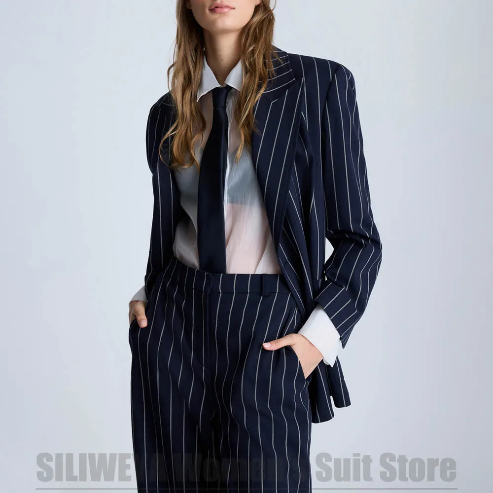 

Navy Blue Striped Women's Suit Stylish Double Breasted Office Outfit Fashion Elegant Formal Business Casual Daily Wear 2 Piece