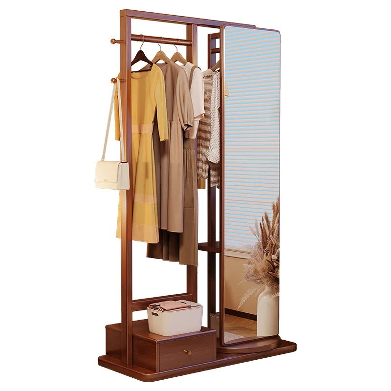 

Solid wood coat rack, floor-to-ceiling, bedroom home simple hanger, rotating full-length mirror integrated