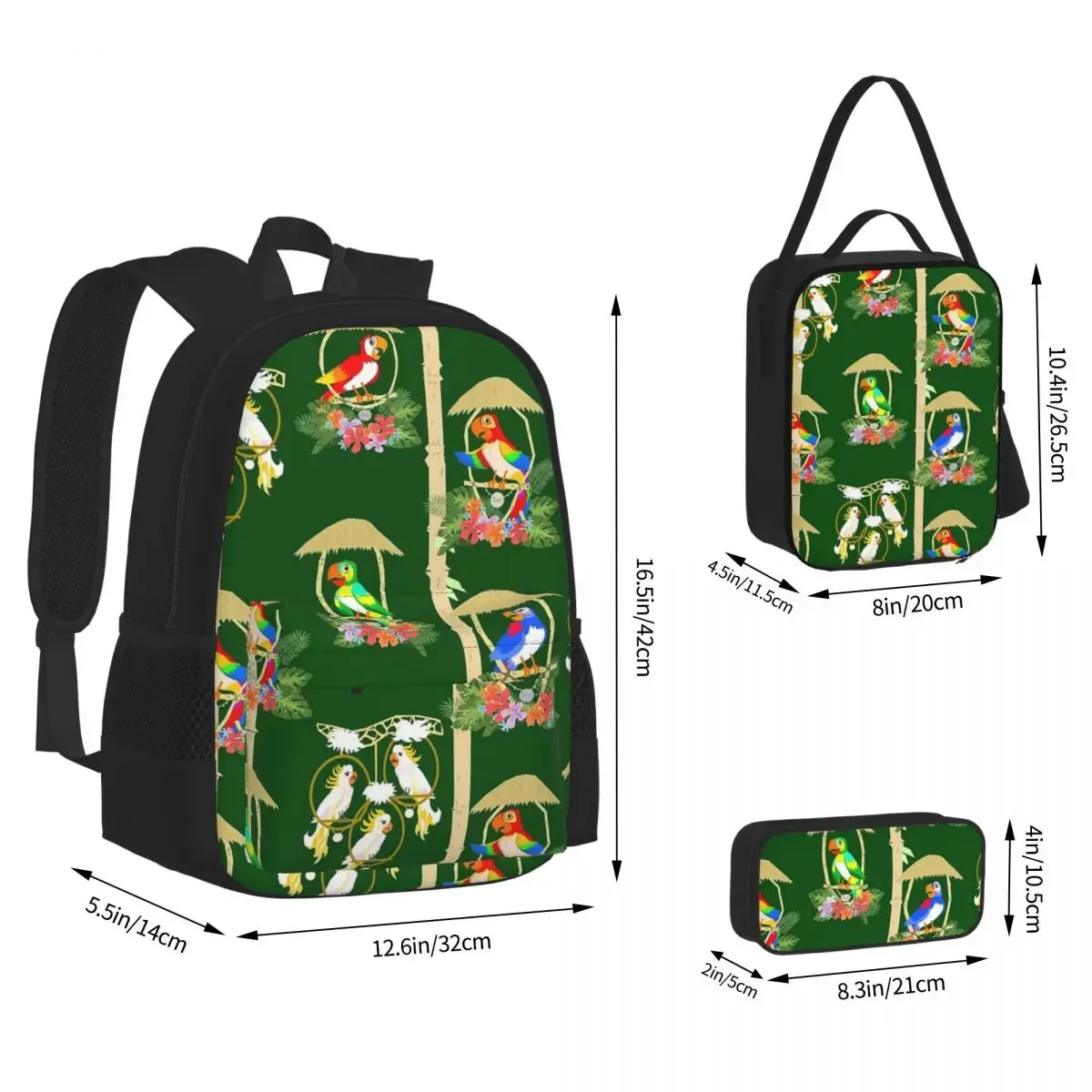 Tiki Room Birds Backpacks Boys Girls Bookbag Students School Bags Cartoon Kids Rucksack Lunch Bag Pen Bag Three-Piece Set