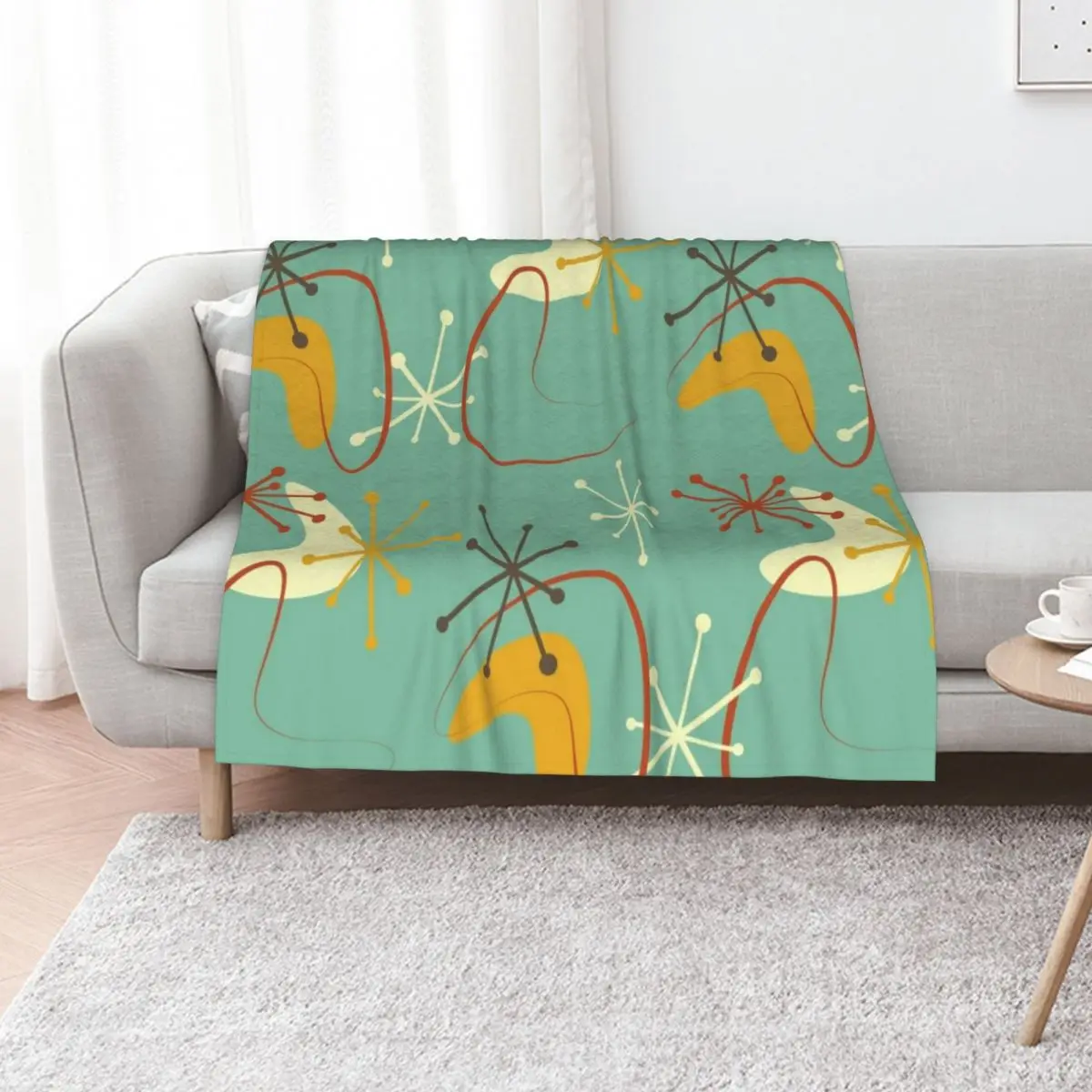 

Vintage Retro 1950s Atomic Starburst Boomerangs Green Harvest Gold Rust Throw Blanket Large Beach Blankets
