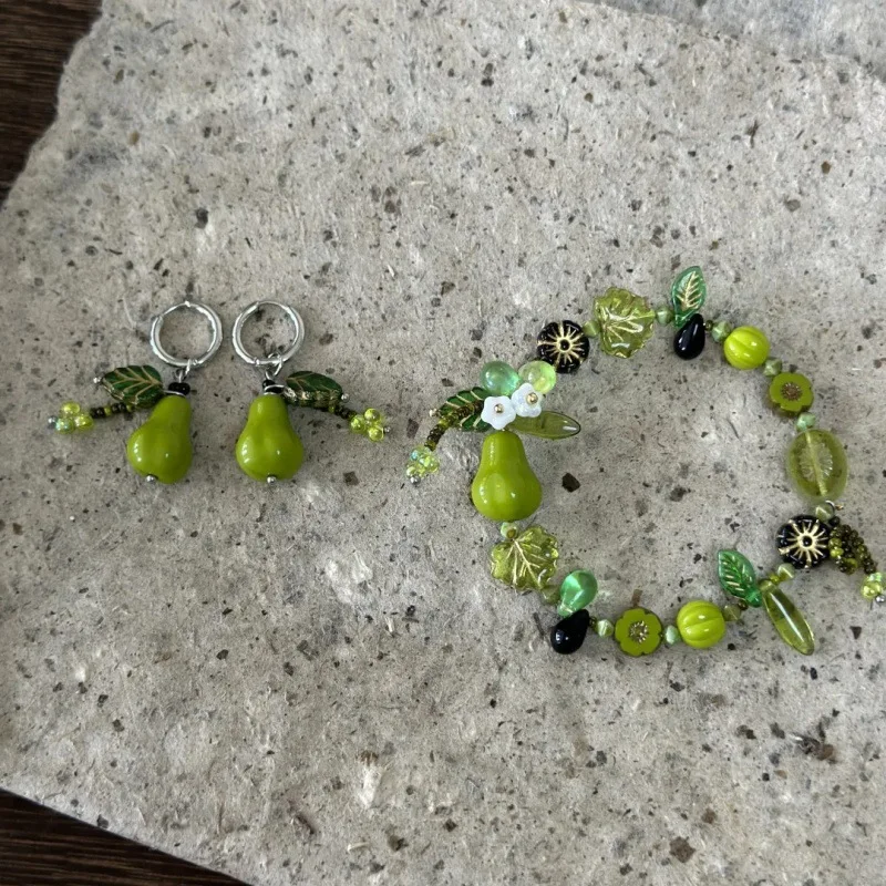 Nowy Modny Boho Uroczy Zielony Ceramiczny Szklany Naszyjnik z Koralikami Owoców i Kwiatów dla Kobiet Dziewcząt Letnia Biżuteria Harajuku z Zawieszkami