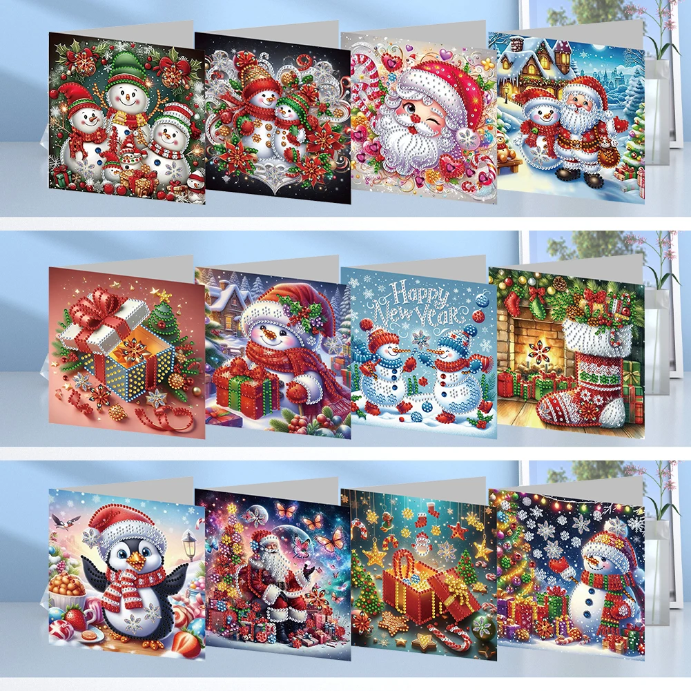 4-12pc DIY Diamond Painting Greeting Card New 2024 Christmas Festival Card Folded Daily Wish Cards Gifts for Family Friends