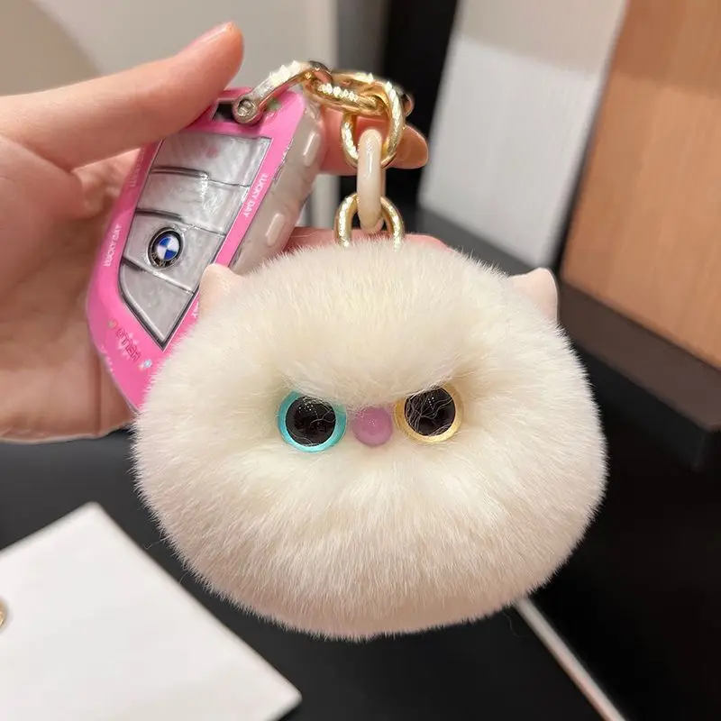 

8CM Cute Rex Rabbit Fur Heterochromatic Kitten Car Keychain Hanger Plush Doll Schoolbag Bag Hanging Ornament