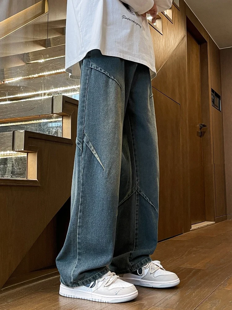 

American Sle Vintage Folded Design Men's Jeans CleanFit Straight Loose Wide Leg Pants Spring Autumn Wear Resistant Cotton P...