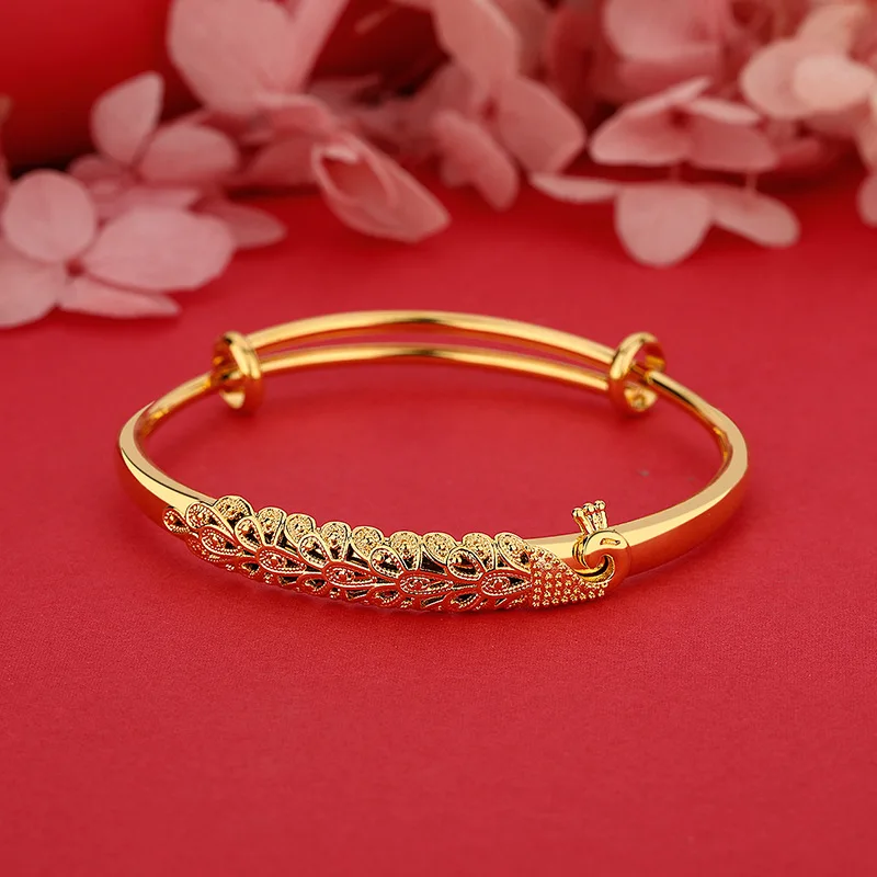 AU999 24K Gold Phoenix - Peacock Bangle | Hollow interwoven birds, diamond - set feathers, dazzling