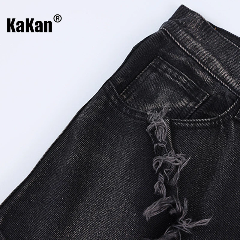 Kakan-Jeans de aranha danificada retrô com borda irregular para homens, jeans pop de rua europeia e americana personalizada, longos soltos, 27-59