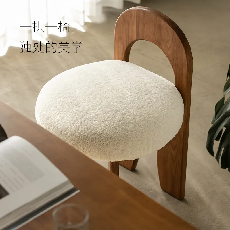 Mid Century Solid Wood Vanity Stool Designer Creative Home Retro Backrest Chair Lamb Fleece Bedroom Makeup Stool