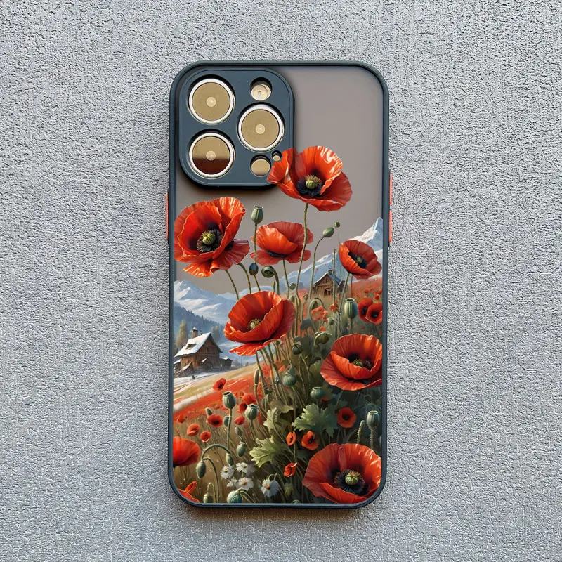 Mohnblüten-Design: Heißrote, stoßfeste Rückseitenhülle für iPhone 17, 16, 12, 13 Pro Max, Mini, 11, 14, 15 Pro Max, XS, X, XR, 7, 8 Plus – Detail 6