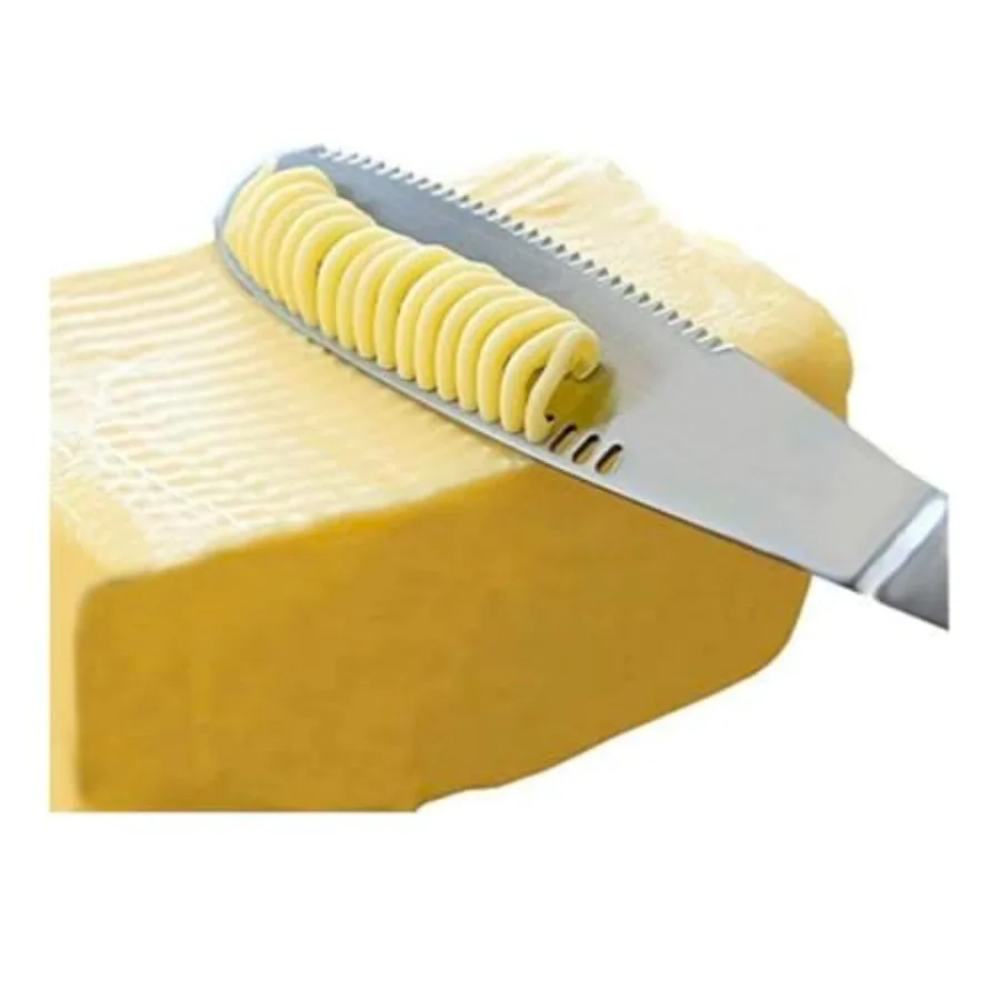 

Stainless Steel Butter Knife 3 in 1 Spreader Grater Curler with Serrated Edge Slicer and Holes MultiFunctional Kitchen Tool for