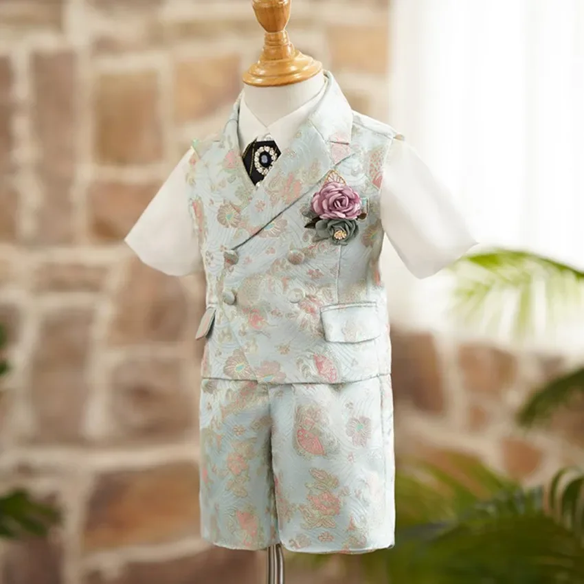 5PCS Children's Formal Vest Sets Print Design Wedding Birthday Party Piano Performance Costume Kids Waistcoat Boys Sets  A2309