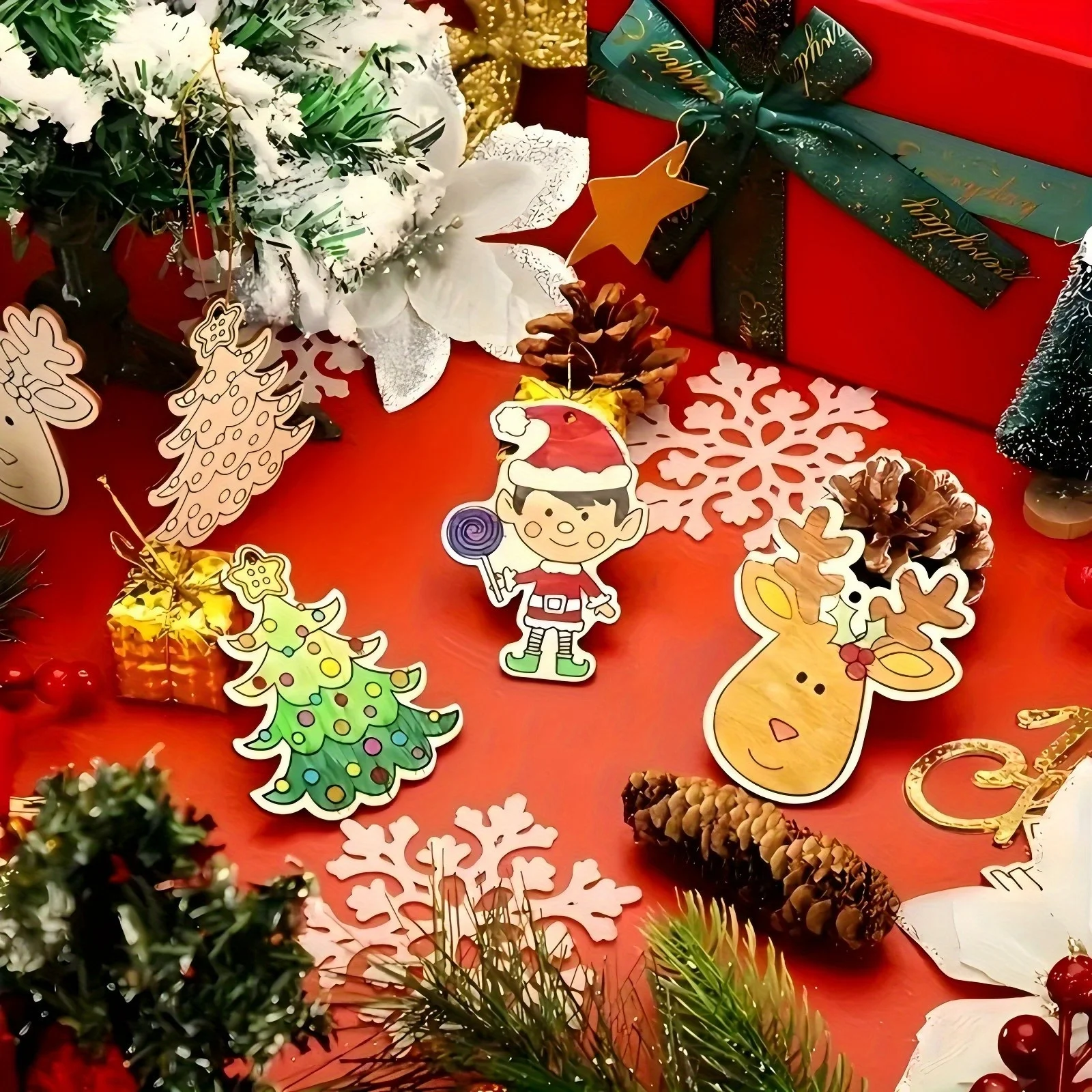 12 قطعة عيد الميلاد زخرفة خشبية الكرتون ثلج/سانتا/شجرة غير مصبوغ قلادة معلقة لنويل الطرف الديكور دهان داي هدية #4
