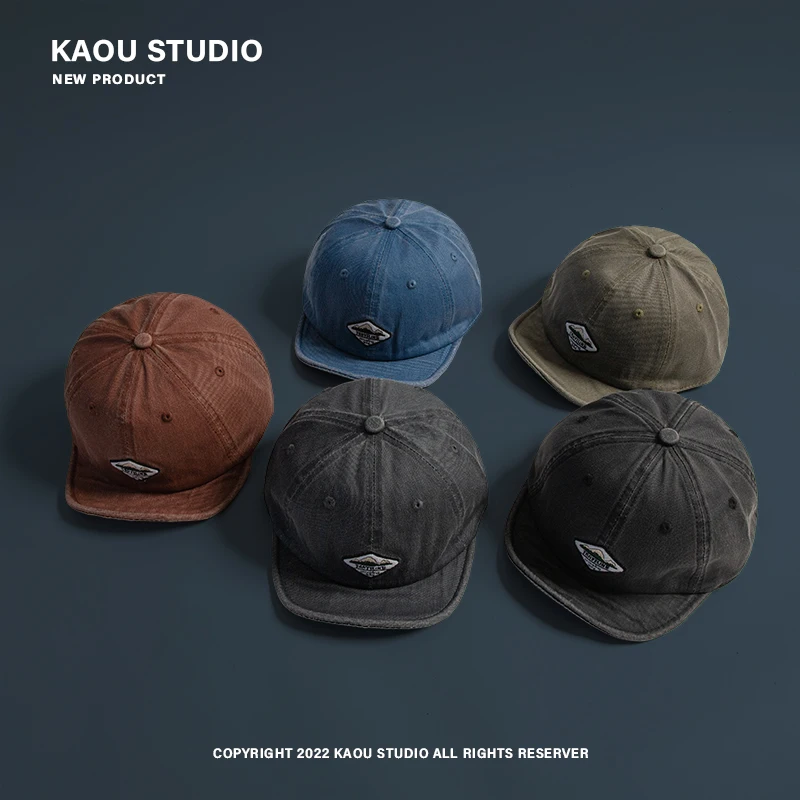 Short-Brimmed Hat Men\'s Washed Denim Soft Brim Peaked Cap Women\'s Style Distressed Patch Big Head Circumference Baseball Cap