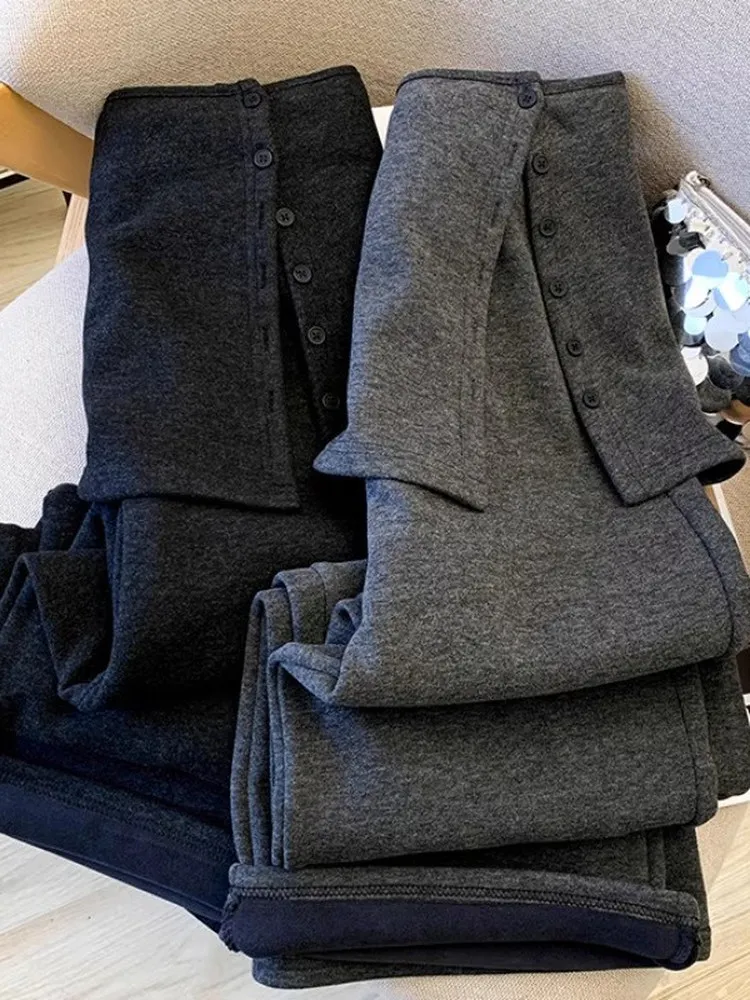 

Gray Fleece Lined Wide Leg Pants Women's Autumn Winter Thick Casual Loose Design Sense Walking Pants High Waist Straight Cut