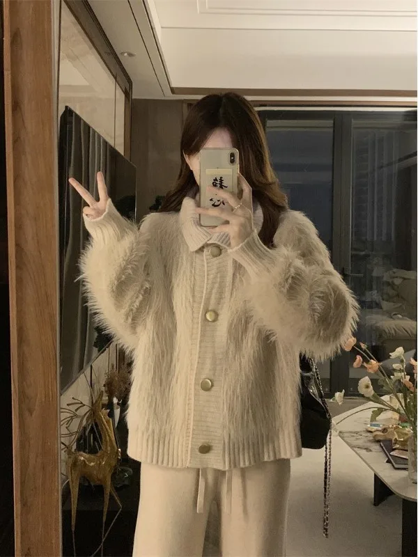 

plus Size Knitted High Collar Sweater Coat Fake Fur Autumn Winter Slimming Versatile Design Knit Cardigan Top for Women