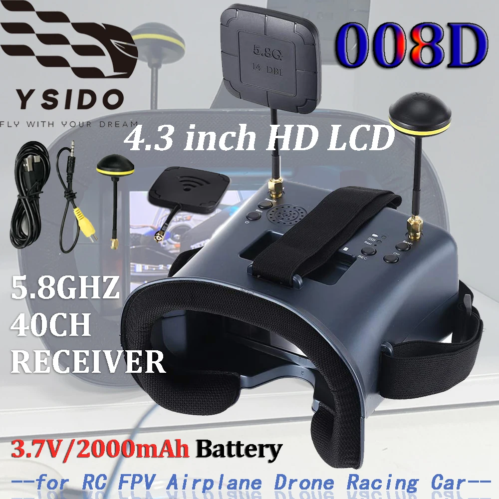 

RC 5,8 ГГц FPV Goggle 008D 40-канальный приемник с DVR 3,7 В/2000 мАч Аккумулятор 4,3-дюймовый HD ЖК-дисплей 16:9 для RC FPV Самолет Дрон Гоночный автомобиль