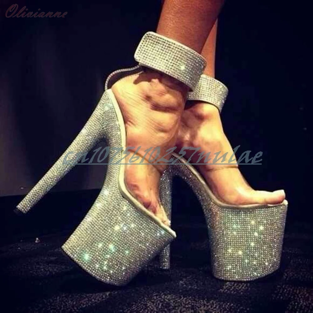 Gliiter Crystals Decor Ankle Buckle Strap Women Sandals Clear Peep Toe Stiletto High Heel Pole Dance Shoes Party Para Mujere
