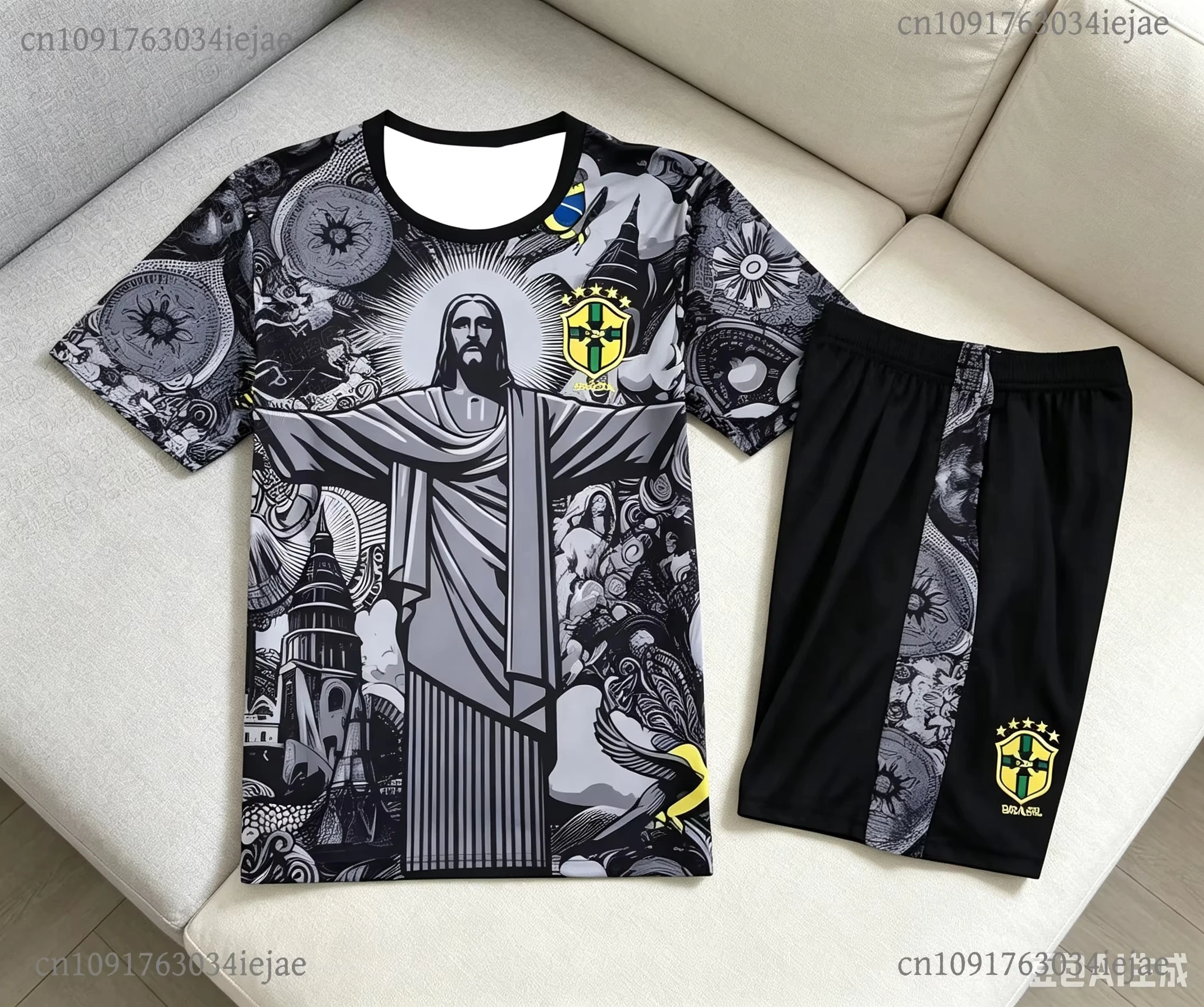 2026 Streetwear 2 Piece Set for Adults and Kid Brazil Christ The Redeemer Short Sleeve T Shirt Shorts Summer Football Tracksuit