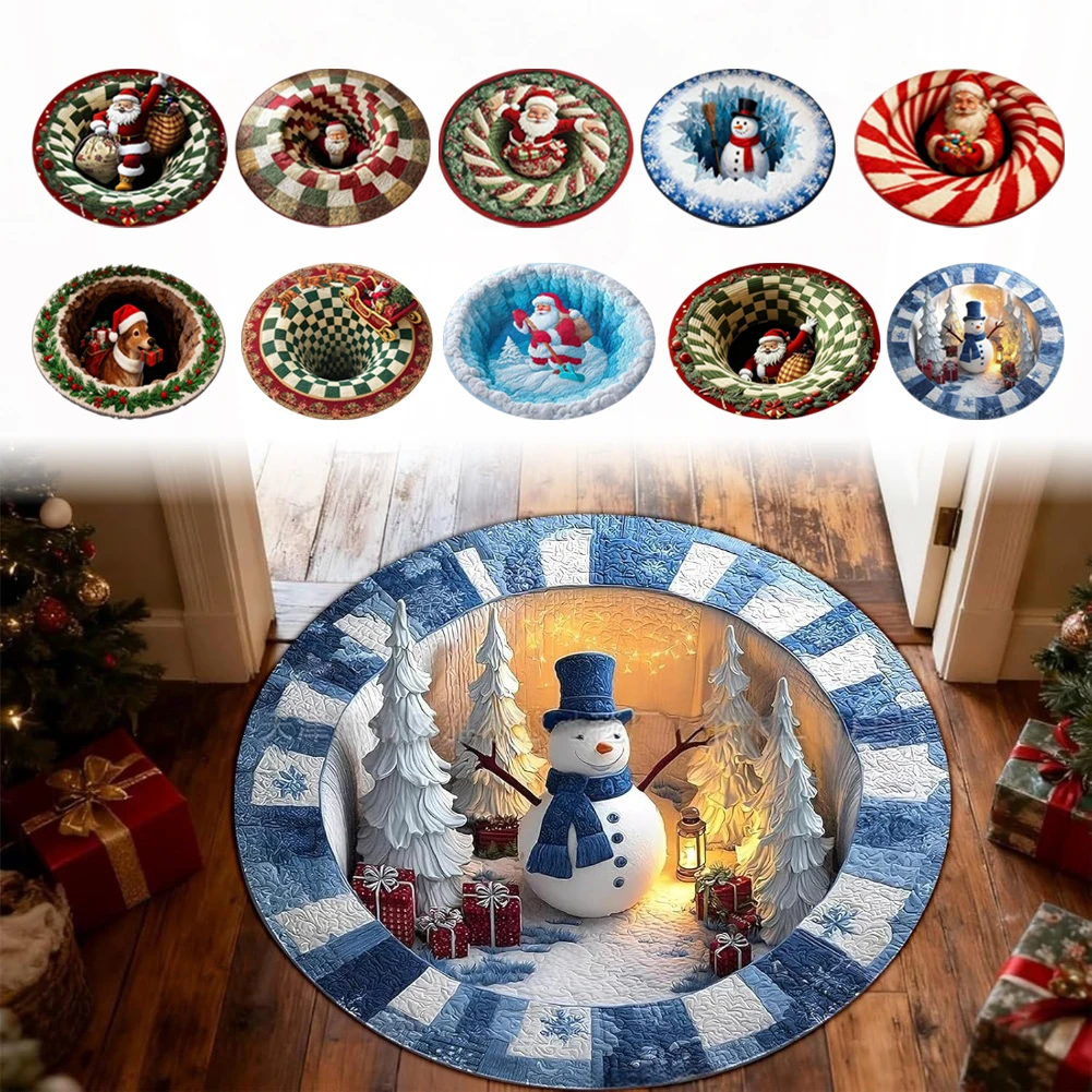 1PCS 16inch Christmas Round Carpet With Three-Dimensional Embroidery Non-Slip Optical Illusion Rug 3D Room Decoration