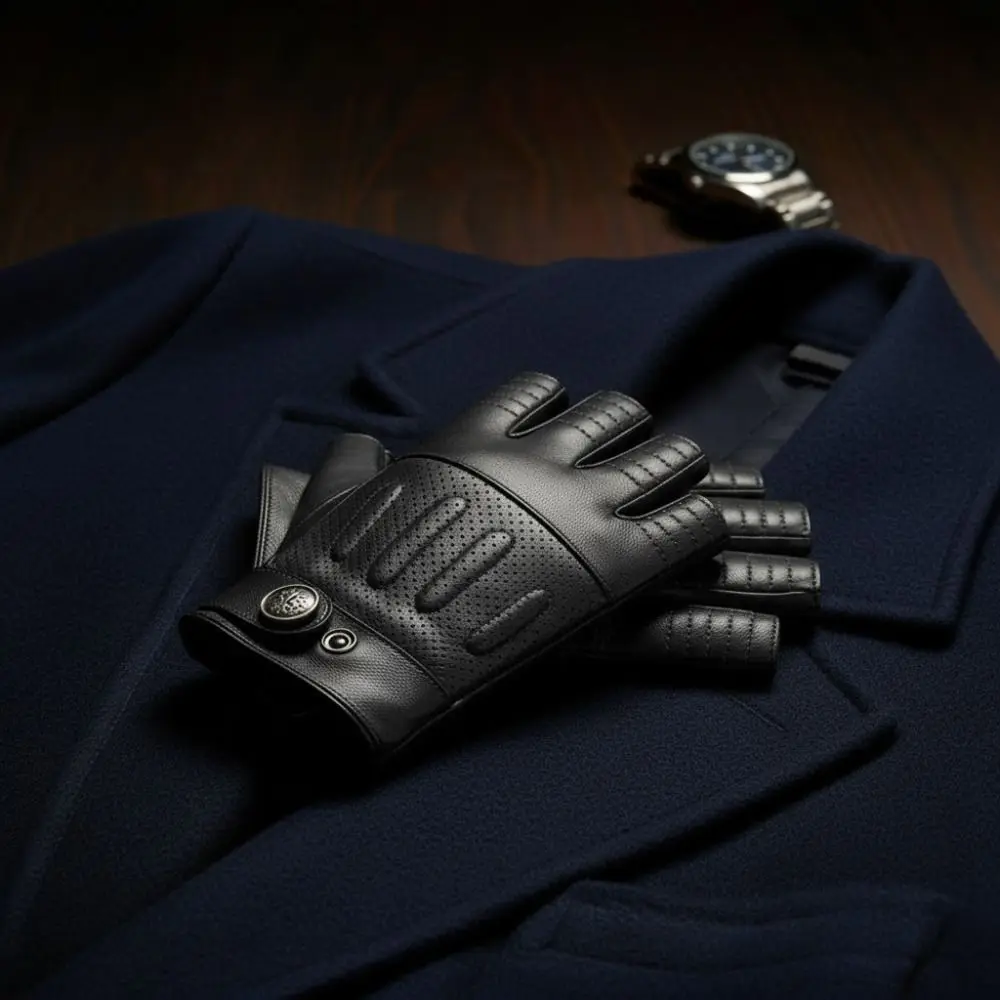 Genuine Sheepskin Leather Men's Vintage Gloves Soft Material Classic Retro Style Half Finger Gloves Breathable Material