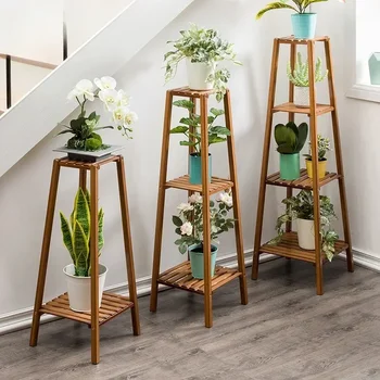 Hoher Bambus-Pflanzenständer, 77/97/117 cm, Blumentopf-Präsentationsständer, Pflanzenregal für den Außenbereich, Organizer, höhenverstellbares Pflanzenregal