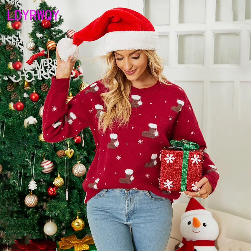 

European and American Knitwear 2023 Autumn/Winter New Pullover Round Neck Snowflake Christmas Sweater for Women