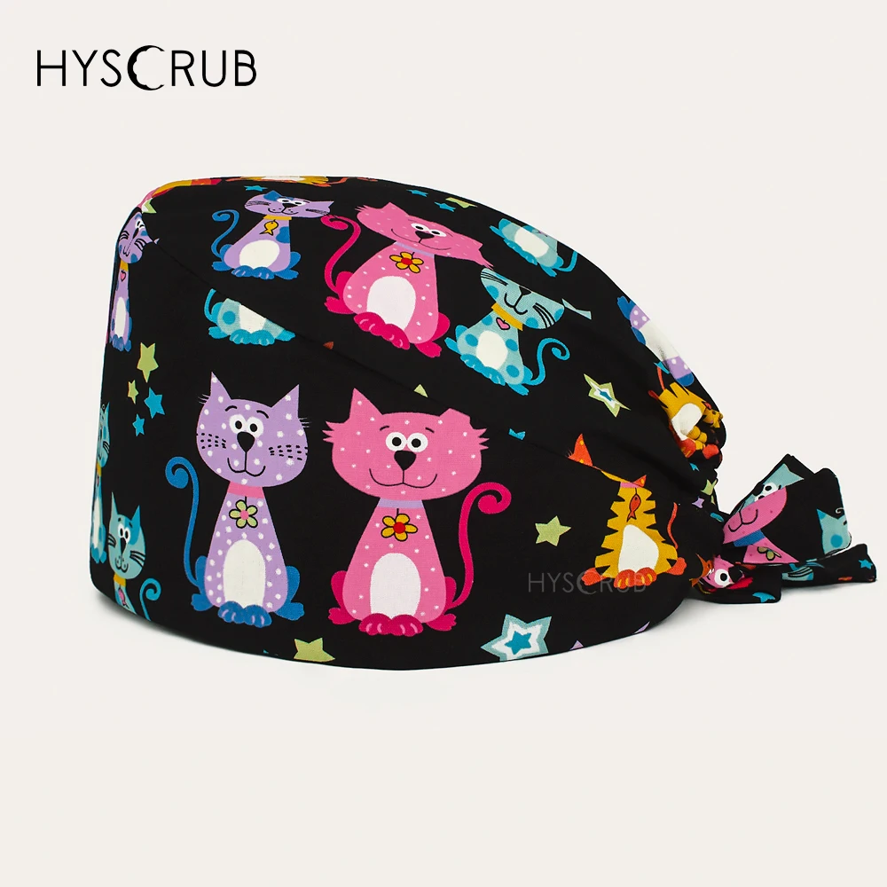 Cat Printed Black Scrub Cap Medical Operating Room Hat Unisex Women Men Surgical Hat Comfortable Headwear