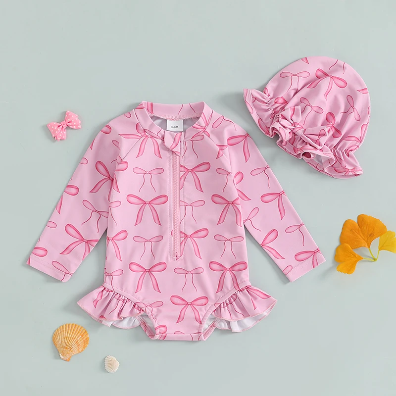 أطفال بنات ملابس السباحة رومبير طويلة الأكمام س الرقبة القوس طباعة زمم ثوب السباحة الشاطئ السباحة رومبير مع قبعة