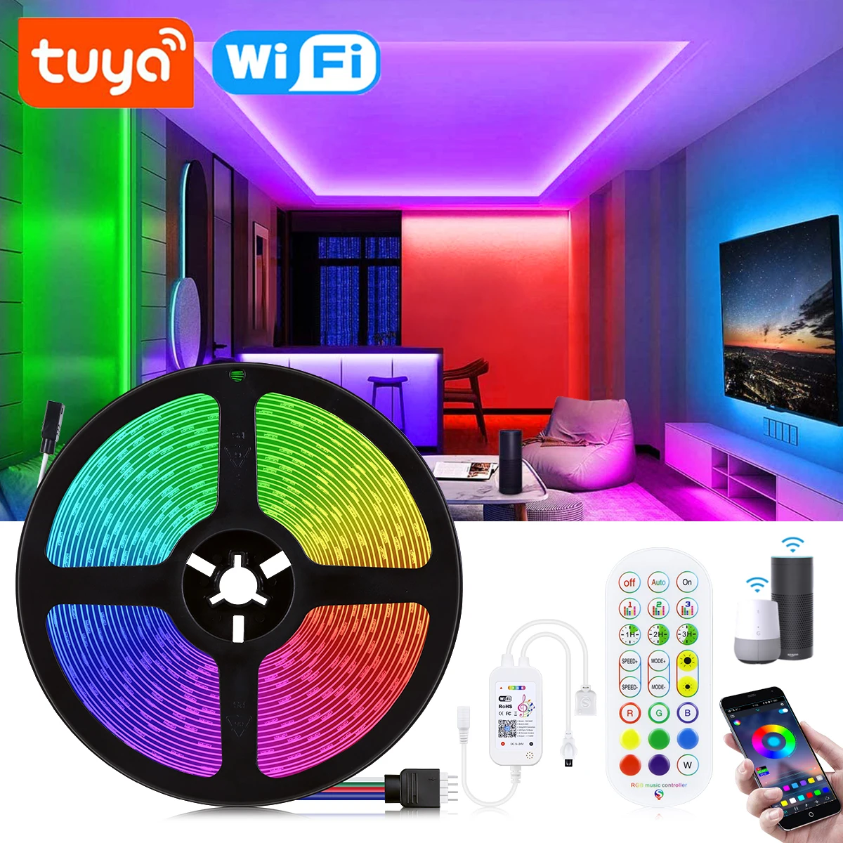 

Tuya Smart Life 5050 RGB Led Strip Lights Wifi/Bluetooth Control Lamp Voice Music Sync work with Alexa Google Assistant 5M-20M