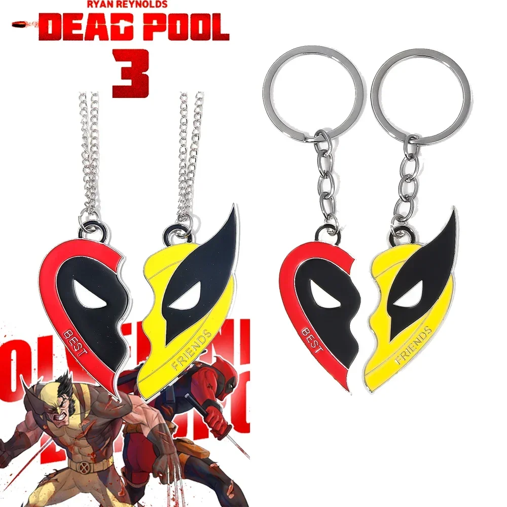 2pices/set Deadpool and Wolverine Keychain Necklace Best Friends Mask Half Love Heart Combine Pendant Choker For Friends Jewelry