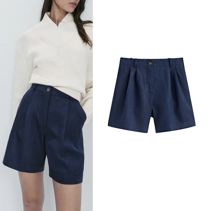 

High Waist Trousers for Women Casual Commute Sle Pleated Linen orts Straight Leg Pants Asymmetric Design with kets