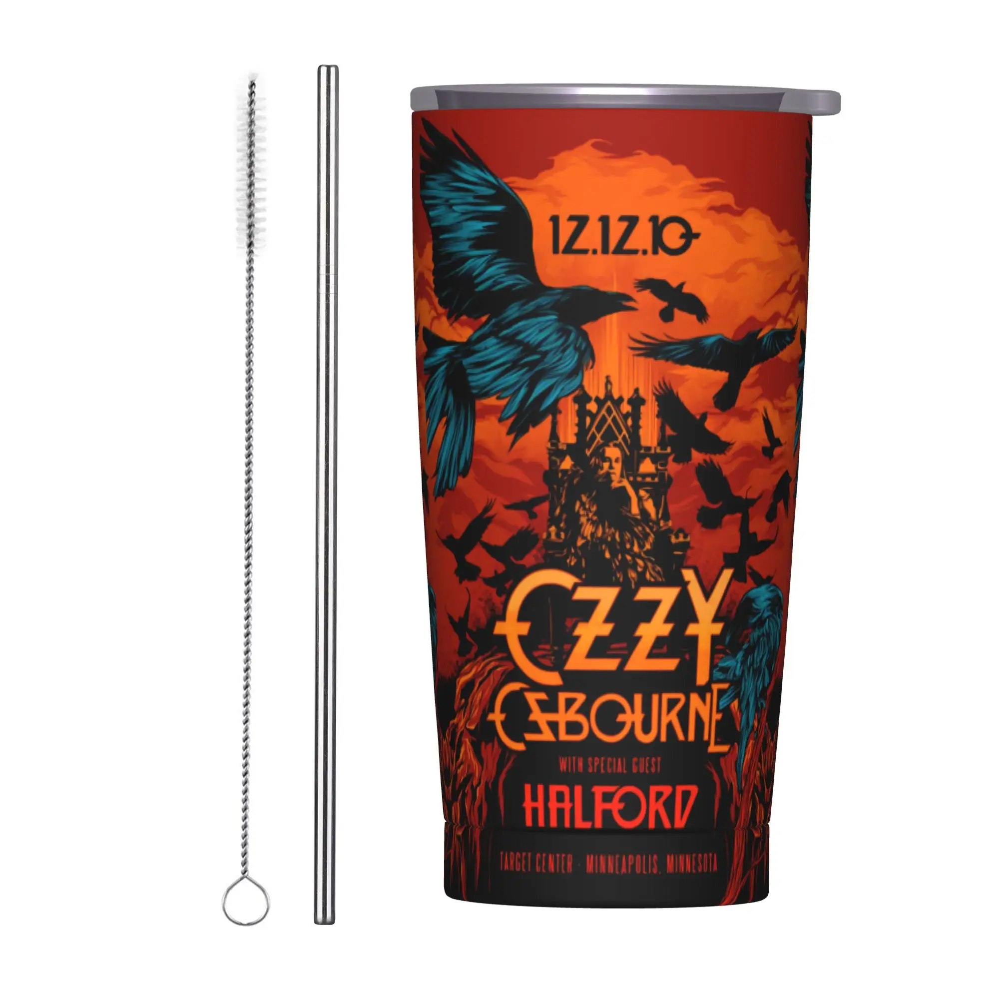 

Термокружка-тамблер из нержавеющей стали с двойными стенками, крышкой и соломинкой, 20 унций, с изображением Оззи Осборна, певца рок-н-метала