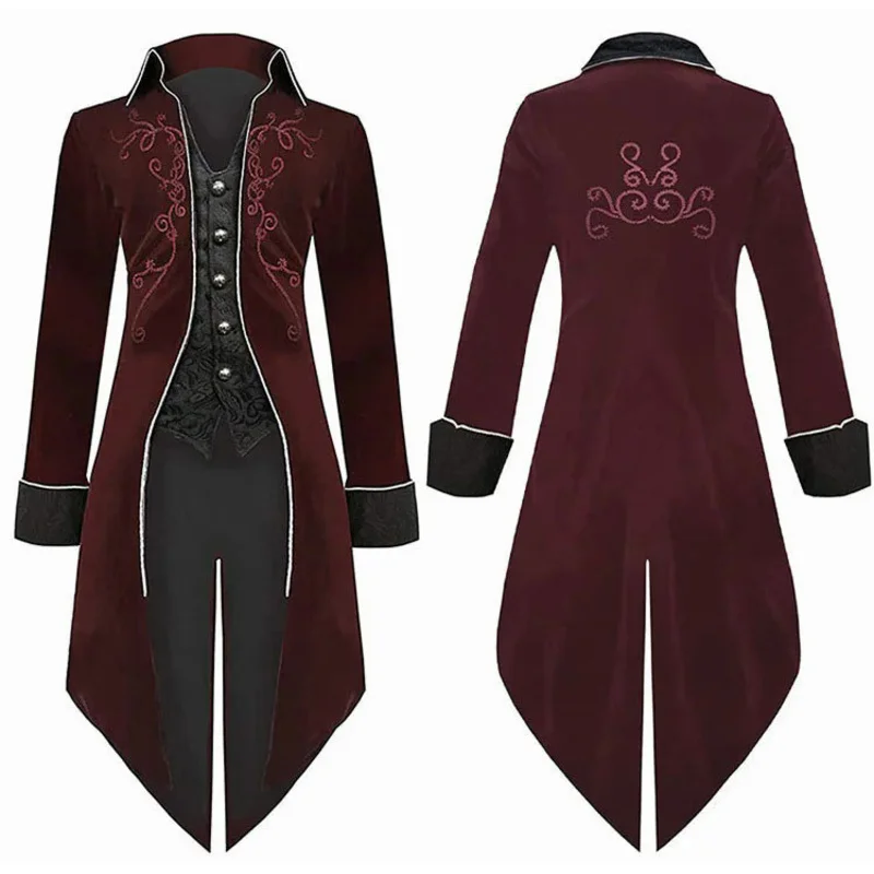 Embroidery Men's Jacket Medieval Cosplay Man Trench Coat Steampunk Gothic Tailcoat Victorian Clothes Carnival Halloween Costume