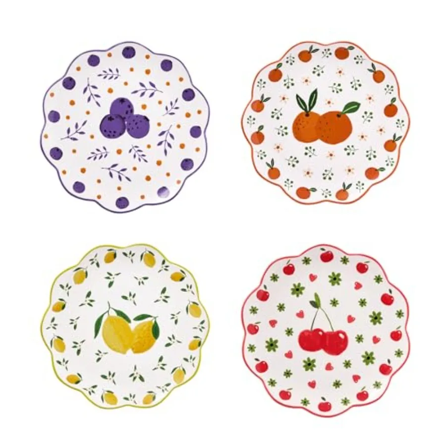 

Набор зубчатых тарелок для салата Fruit Pop из 4 керамических десертных тарелок размером 8,75 дюйма, идеально подходящих для сервировки закусок и боковых тарелок M
