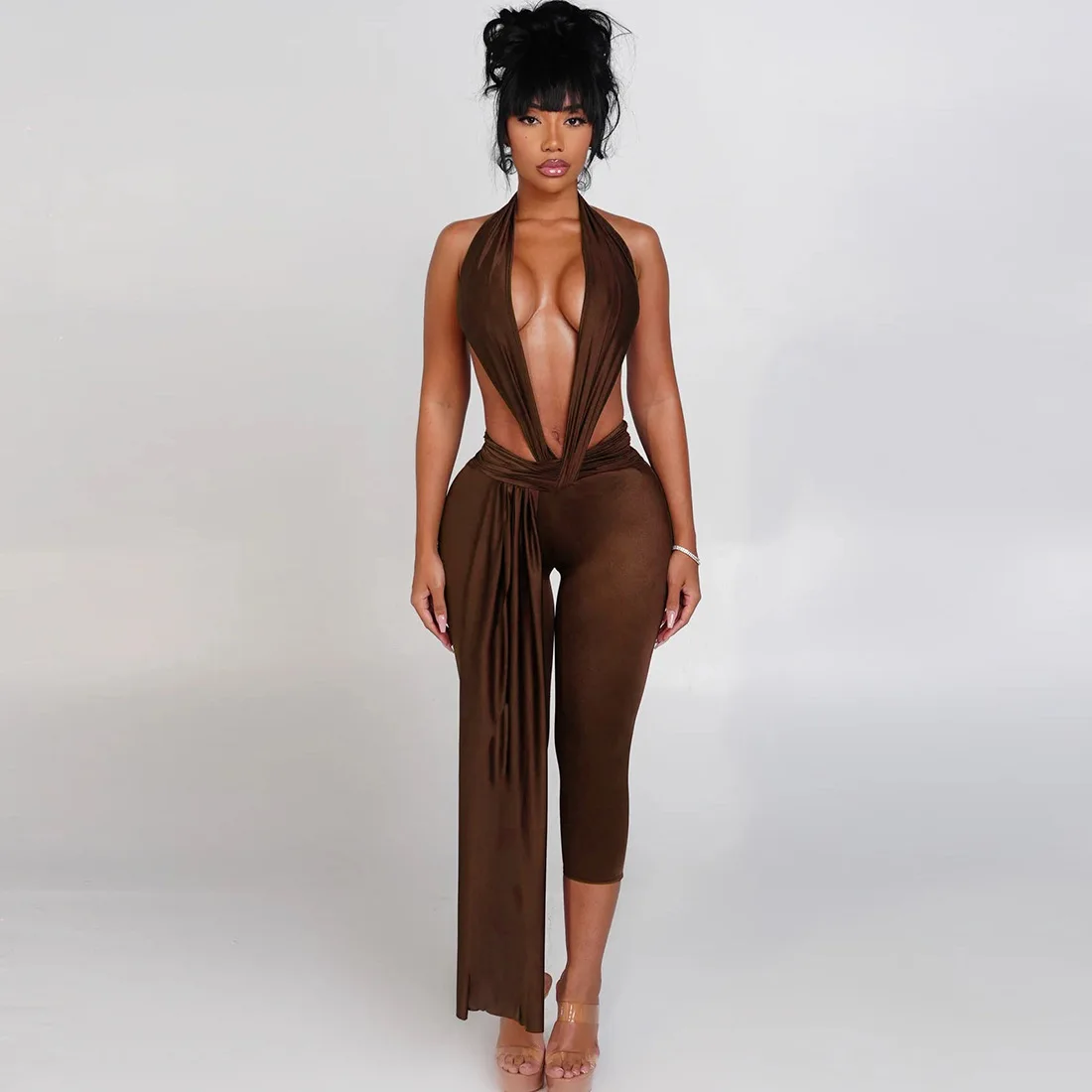 2026 New Spring Sexy Halter V Neck Jumpsuits Women Club Elegant Bodycon Luxury One Piece Party Shiny Jumpsuit Bodysuit Playsuit