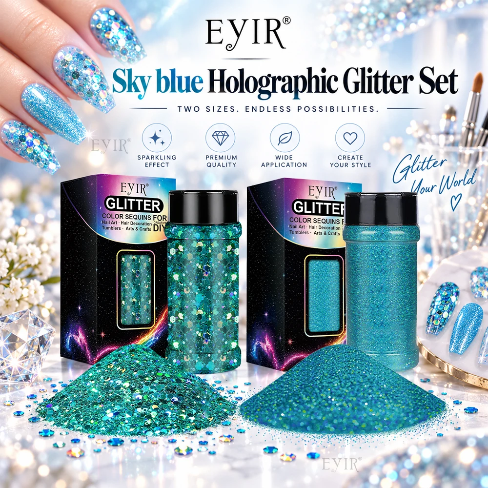 EYIR 2PCS Sky Blue Holographic Glitter Set 80g Fine Glitter 50g Chunky Glitter Flakes for Epoxy Resin Tumblers DIY Crafts