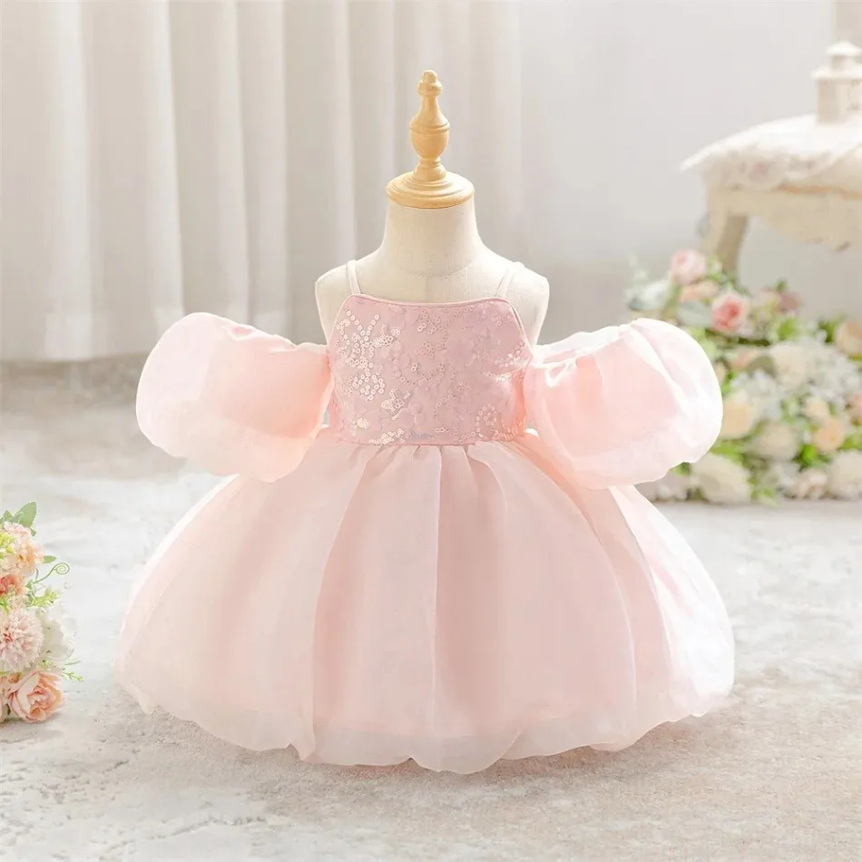 Baby Girls Pink Off Shoulder Puffy Sleeve Sequin Tulle Dress Toddler Fluffy Bubble Skirt Gown for Baptism Birthday Party ZD36