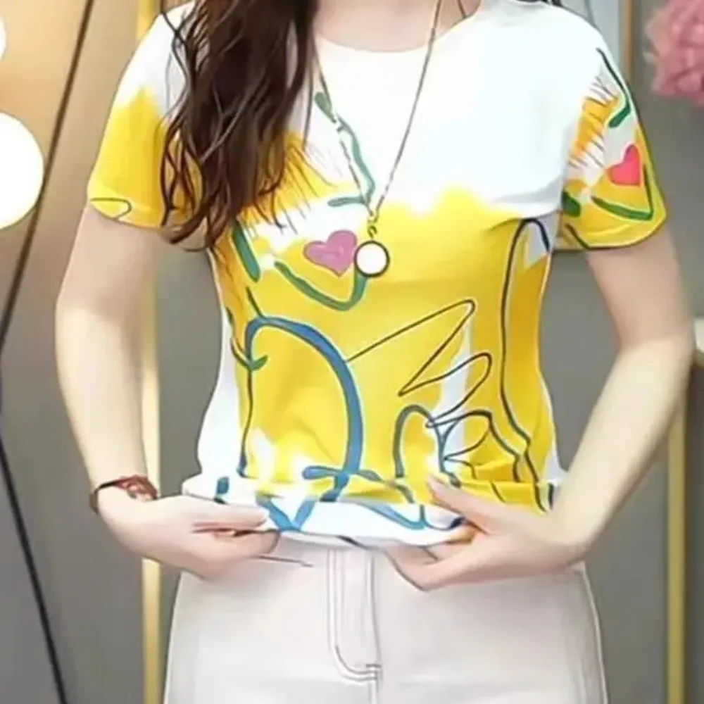 

Summer New Fashion Versatile Round Neck Mesh Short Sleeve T-shirt Women's Printed Top Creative Pullover Oversized Y2K Streetwear