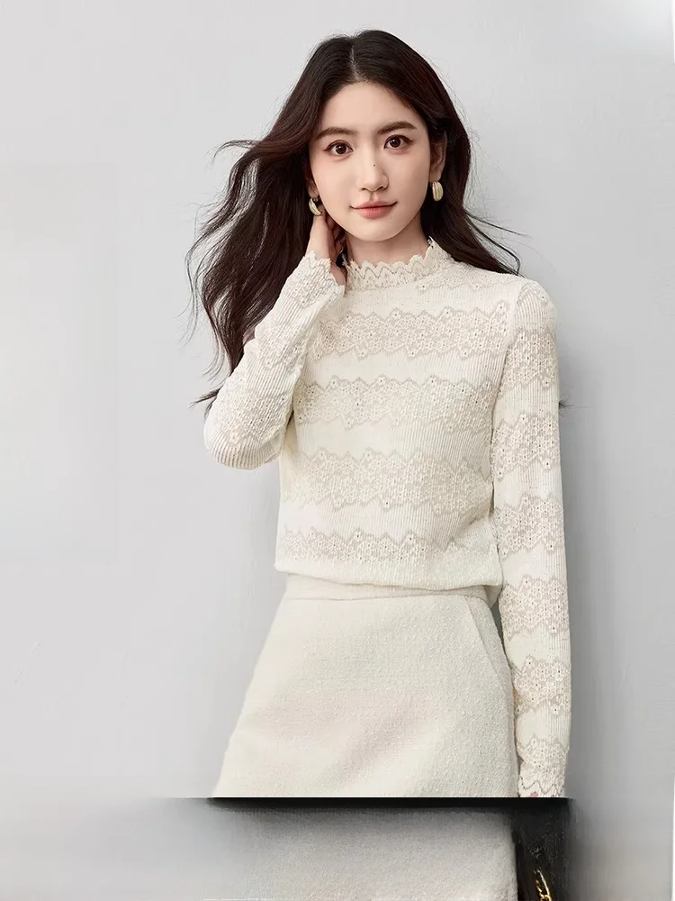 

Ele f-High Collar Long Sve Lace irt Женский базовый слой Топ с вырезами Slim Fit Elastic Commute irt Осенняя новинка A...