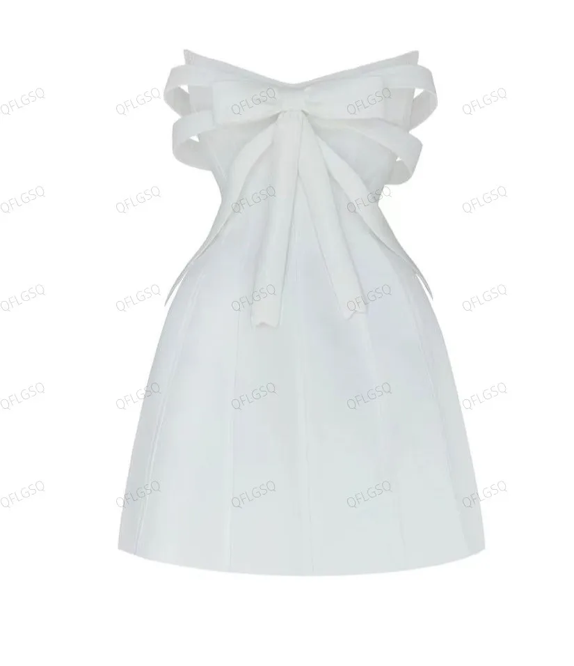 New Couture Women Dresses To Birthday Party White Strapless Off Shoulder Bow Mini Dress A line Girls Dress Short Sweetheart