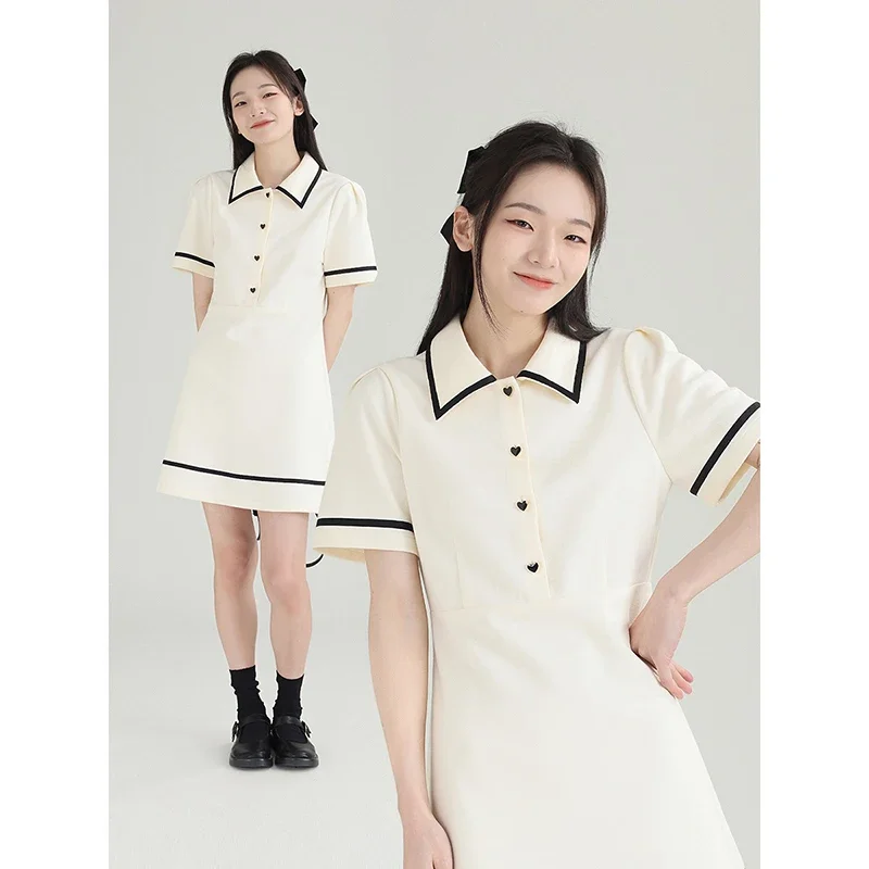 Short Sleeve Women Dress Summer Polo Shirt 2025 Fashion Preppy Style Polo Collar Clash Mini Dress Cute Solid Y2K Party Clothing