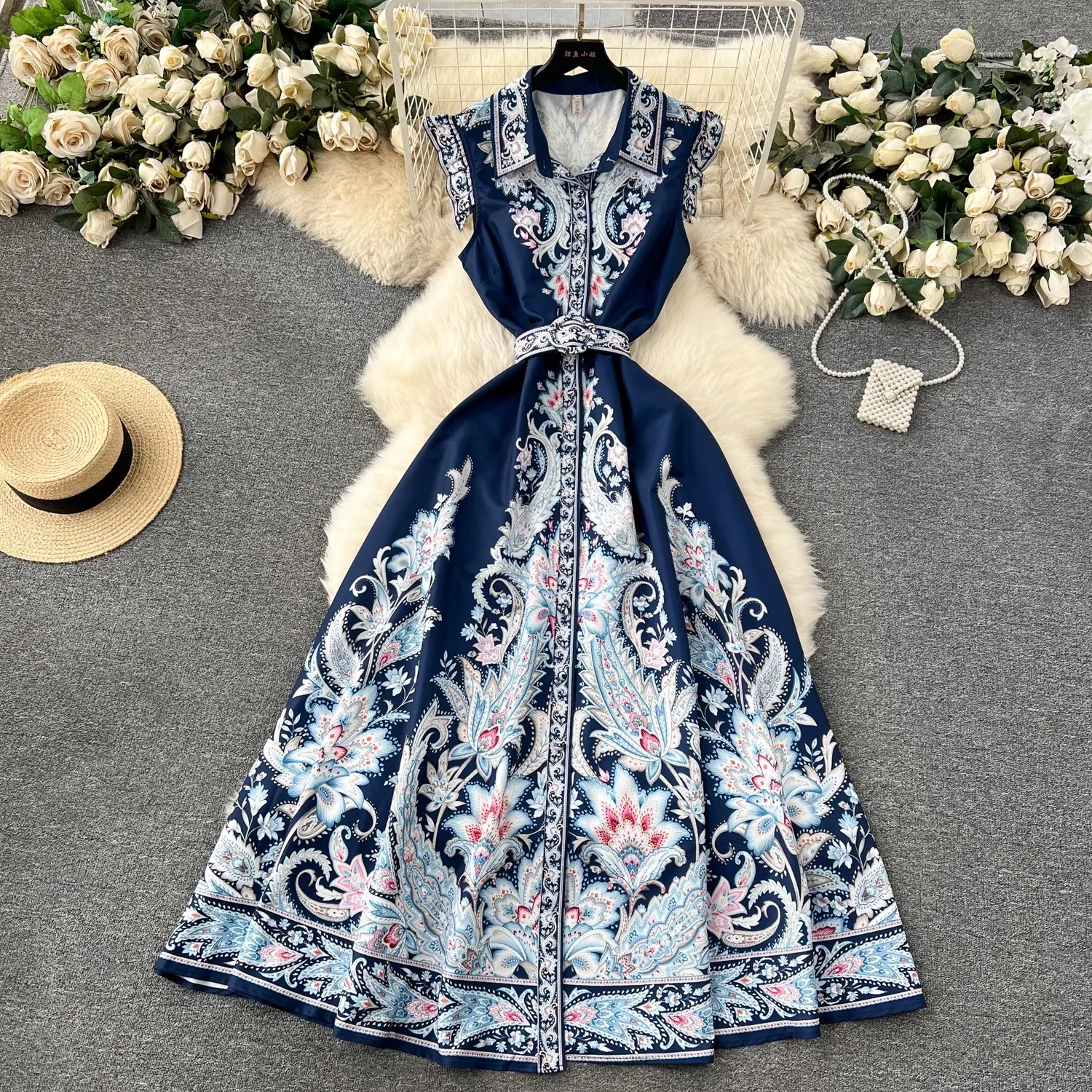 2024 Vakantie Paisley Print Lange Jurk Dames Revers Mouwloze Single Breasted Bloemenprint Riem Maxi Robe Party Vestidos 6363