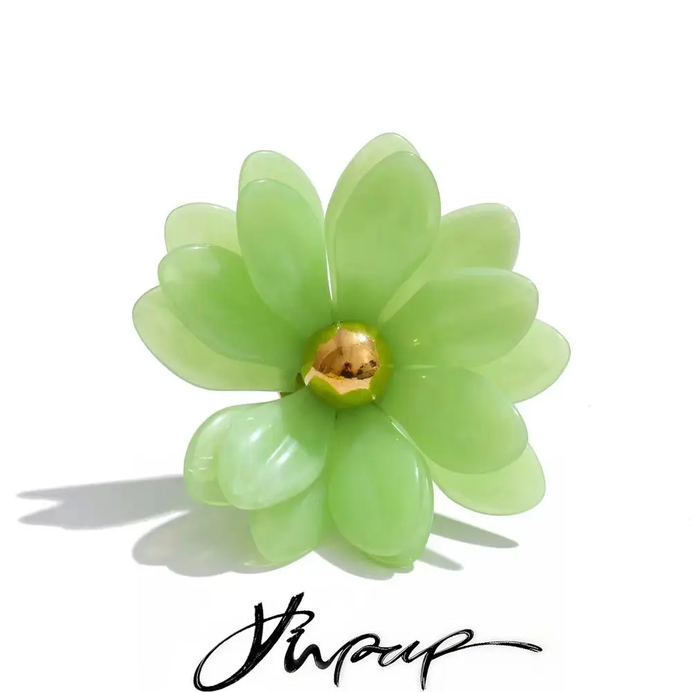 Yhpup Colorful Yellow Green Color Resin Acrylic Flower Adjustable Ring Stainless Steel Stylish Distinctive Modern Jewelry