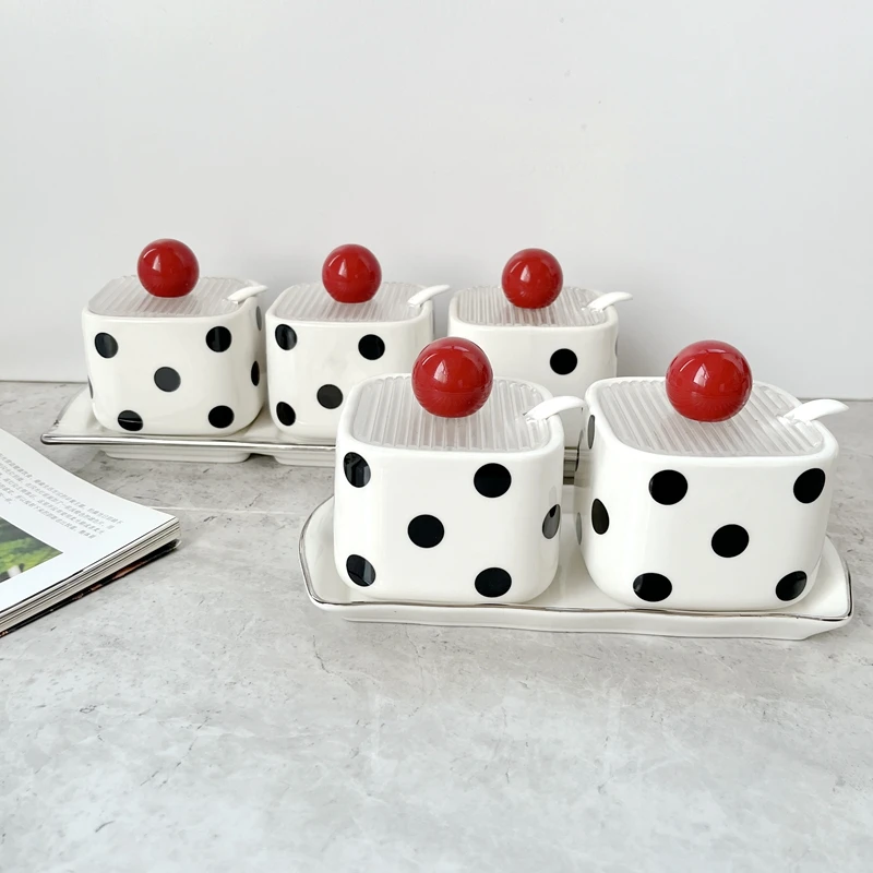 Black-and-white Polka-dot Ceramic Seasoning Jar Simple Household Salt Jar Seasoning Jar Storage Seasoning Box Kitchen Supplies