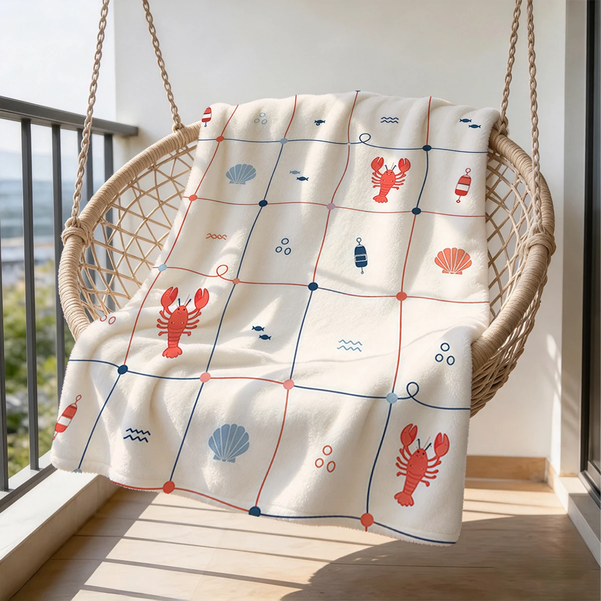 Lobster Ocean Net Flannel Blanket Warm Soft Halloween Christmas Couch Warm Cozy Decorative Decor Gift for All Season